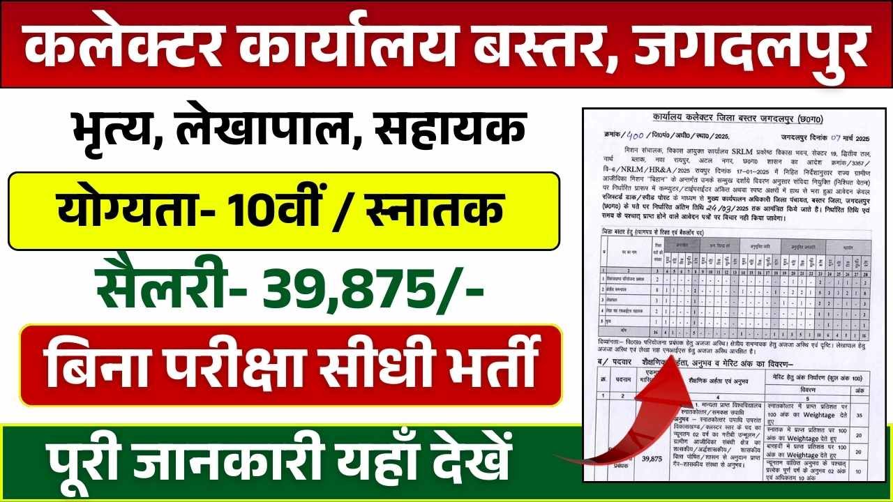 Collector Office Jagdalpur Bharti 2025: कलेक्टर कार्यालय बस्तर, जगदलपुर में भृत्य, लेखापाल, सहायक पदों पर भर्ती, Apply Now 6 Collector Office Jagdalpur Bharti 2025: कलेक्टर कार्यालय बस्तर, जगदलपुर में भृत्य, लेखापाल, सहायक पदों पर भर्ती, Apply Now Collector Office Jagdalpur Bharti 2025